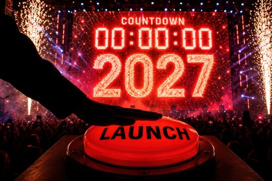 Hand pressing red launch button for 2027 new year countdown on large digital screen with fireworks and crowd