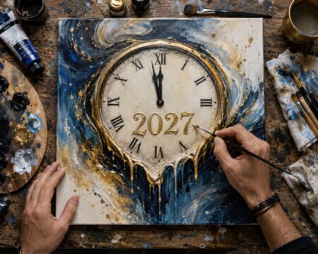 Artist painting melting surreal clock with 2027 gold numbers using oil and acrylic on canvas at wooden studio