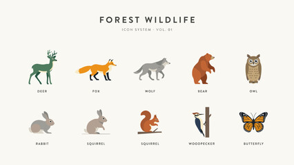 Obraz premium Modern forest wildlife vector icons – Suitable for woodland conservation projects, nature park signage, or environmental campaigns.