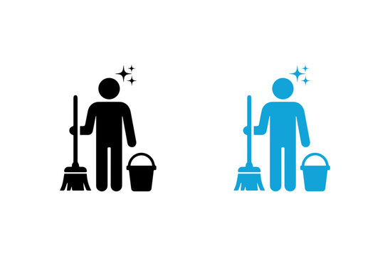Cleaning icon vector design, person holding broom and bucket with sparkling effect