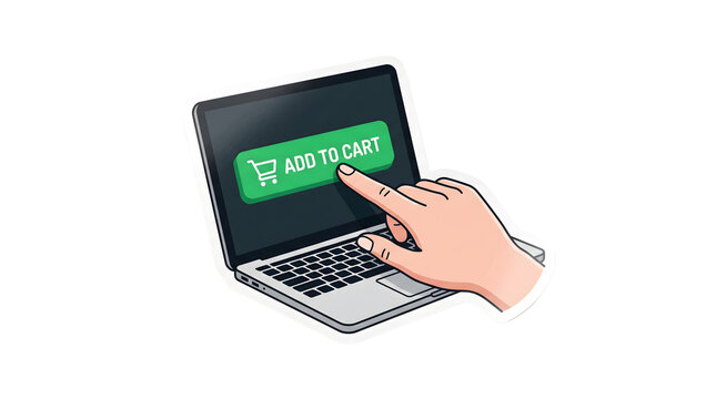 Hand pressing add to cart button on laptop screen for online shopping