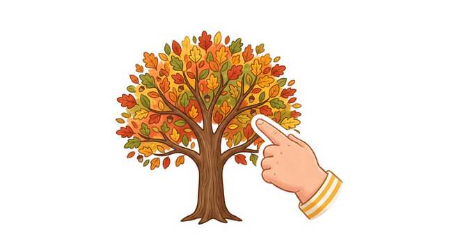 Autumn tree with colorful leaves and acorns and a hand pointing to it