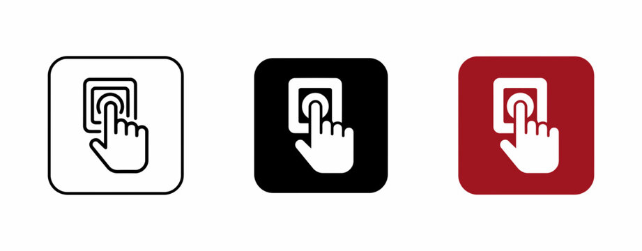 Set of push button icons with hand pressing button, vector illustration