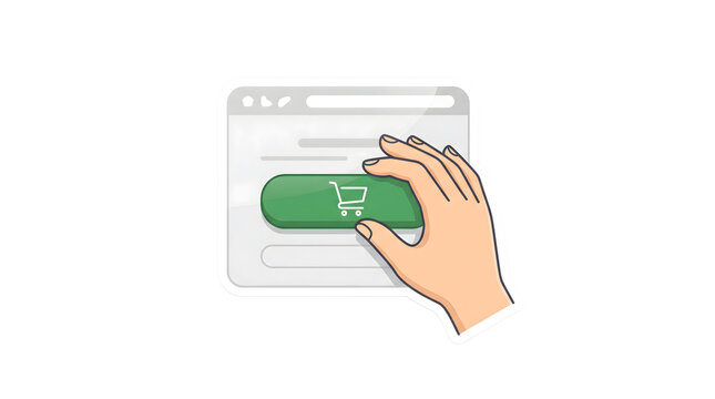 Hand pressing a green button with a shopping cart icon on a computer screen