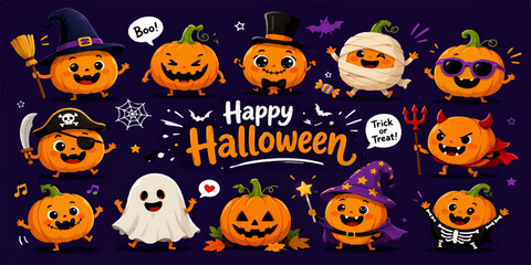 Fototapeta premium Halloween Seamless Background with Pumpkins Bats Ghosts Black Cats Witch Hats Spooky Icons and Autumn Holiday Elements Vector Pattern for October Celebration Design