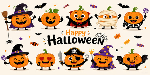 Obraz premium Halloween Pumpkin Set with Spooky Jack O Lanterns, Bats, Ghosts, Black Cats, Witch Hats and Halloween Icons Vector Illustration for October Holiday Celebration