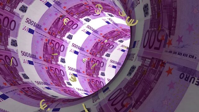 Infinite loop of moving through a tunnel made of five hundred euro banknotes