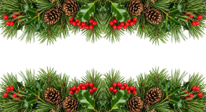Christmas festive border with pine branches, pinecones, and holly berries isolated on white background