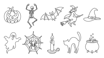 Fototapeta premium Halloween object set, minimalist continuous one line art, skeleton, pumpkin, witch, ghost, black cat vector