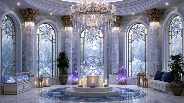 Opulent marble crystal palace interior, large faceted quartz sphere centerpiece on circular altar, glowing purple amethyst clusters, crystal chandelier, tall arched windows with snowflake tracery