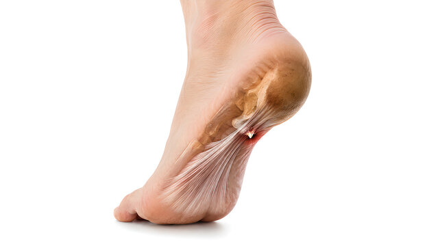 Heel spur and plantar fascia insertion stress medical education image showing realistic calcaneus anatomy and inflammation focus for healthcare communication, podiatry, and patient education