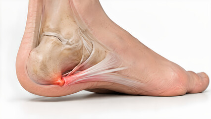 Fototapeta premium Heel spur and plantar fascia insertion stress medical education image showing realistic calcaneus anatomy and inflammation focus for healthcare communication, podiatry, and patient education