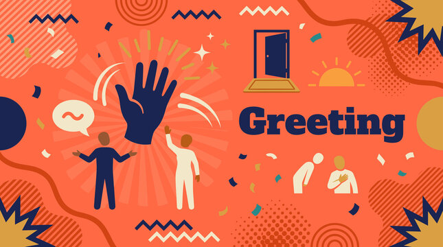 Greeting concept banner with waving hand, open arms welcome, people gesturing, sunrise, and door on coral orange background