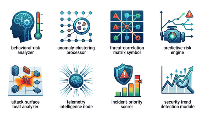Set of 8 Cyber Security Analysis Icons. Behavioral Risk, Anomaly Clustering, Threat Correlation, Predictive Risk, Heat Analyzer, Telemetry, Scorer, Trend. Blue Orange Vector Business Graphics.
