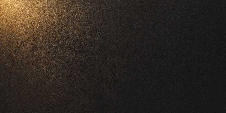 Black glitter texture background with golden light flare in corner for luxury design