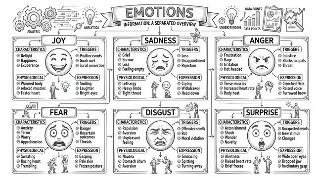 Emotions infographic chart with psychological triggers. Mental health diagram showing joy, sadness, anger, fear, disgust, and surprise.