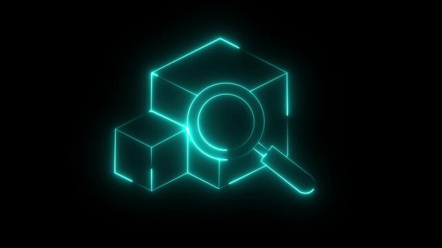 Neon glowing magnifying glass inspecting cubes animation, digital data analysis and control concept, futuristic technology for business and logistics