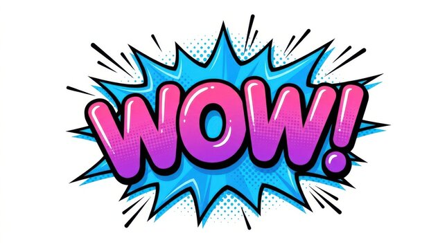 Comic book style wow explosion with halftone dots and vibrant colors on a white background text typography color popart speechbubble