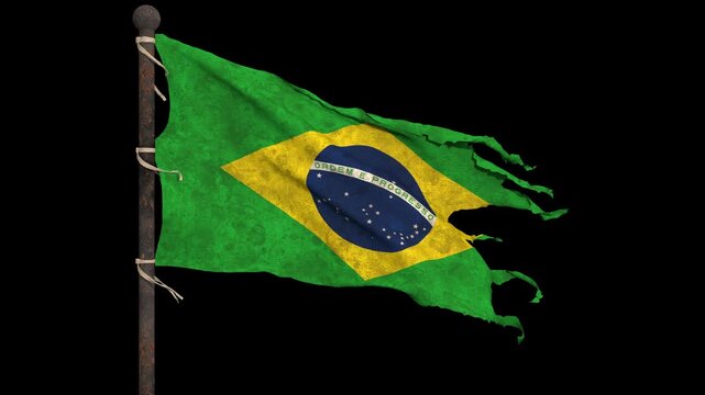 Worn and tattered brazil flag waving in slow motion on a rusty pole