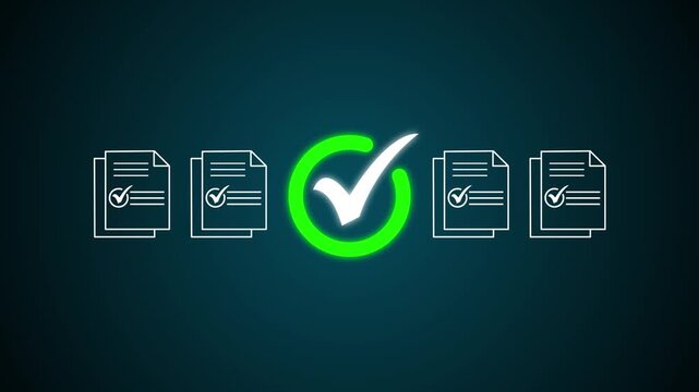 Digital checklist and approval workflow showing business document validation and task tracking system for decision making, tick mark animation video 4k quality.