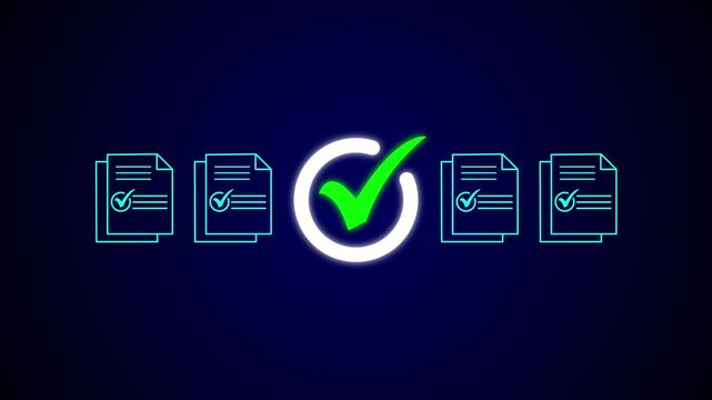 Digital checklist and approval workflow showing business document validation and task tracking system for decision making, tick mark animation video 4k quality.