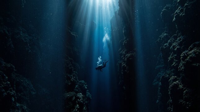 Scuba diver snorkeling deep underwater in blue ocean, divine sunlight beam shining through clear water, marine life, rock wall, underwater nature, vacation adventure