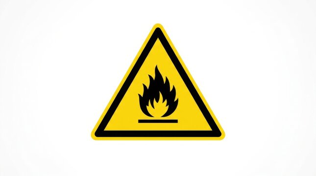 Flammable warning sign a yellow triangle with black fire symbol isolated on a white background hazard danger caution signage alert
