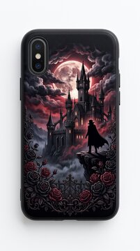 Gothic Fantasy Moonlit Castle Vampire Phone Case. Dark Art Apparel With Red Roses And Silhouette. Creepy Nightmare Design For Smartphones. Horror Aesthetic. Black Apparel Case.