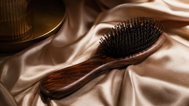 Wooden Hair Brush on Beige Silk Fabric Background. Concept of hairbrush, wooden hairbrush, hair care, luxury beauty. Copy space.