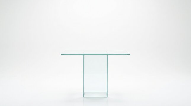 Minimalist glass console table featuring clear transparent panels and sleek modern lines standing against clean white studio backdrop for contemporary interior design inspiration.