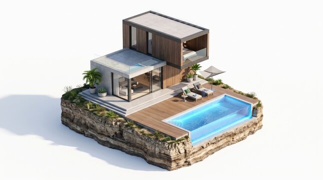 Modern Villa Isometric Cross Section with Swimming Pool 3D Rendering. Concept of isometric house, luxury house, architecture. Copy space.