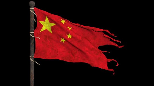 Worn and tattered china flag waving in slow motion on a rusty pole
