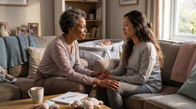 Compassionate Doula Supporting Sad Young Mother with Postpartum Depression at Home. Concept of mental health, therapy, support.