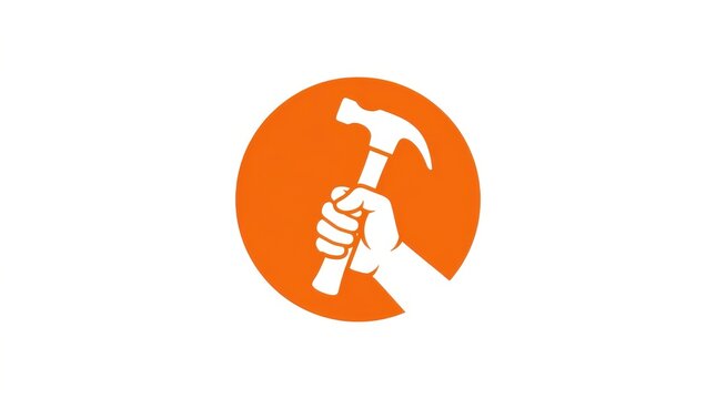 A hand firmly gripping a claw hammer is silhouetted against an orange circular background clawhammer handtool hammering construction carpentry renovation