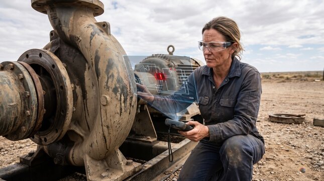 Female Engineer Using Augmented Reality Interface for Industrial Equipment Diagnostics Outdoor. Concept of predictive maintenance, digital twin, smart factory. Copy space.
