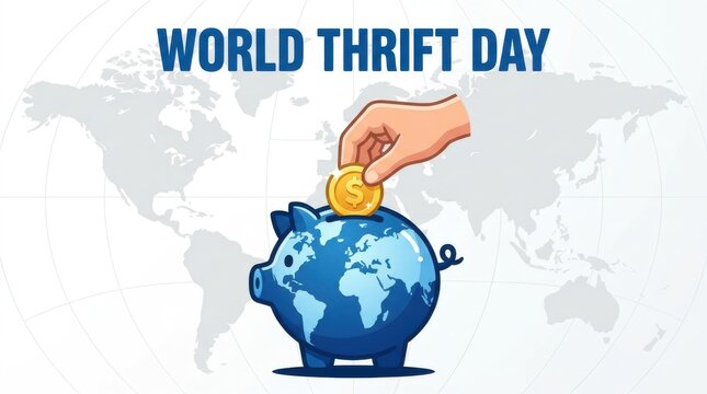 Globe shaped piggy bank receives a coin from a hand illustrating world thrift day savings economy finance piggybank currency investment