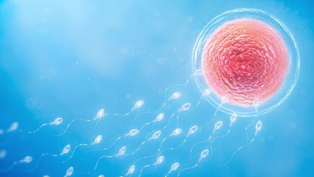 Human sperm cells swim towards a pink egg cell on a bright blue background with ample copy space. IVF fertilization visual represents reproductive medicine, conception, infertility care and pregnancy.