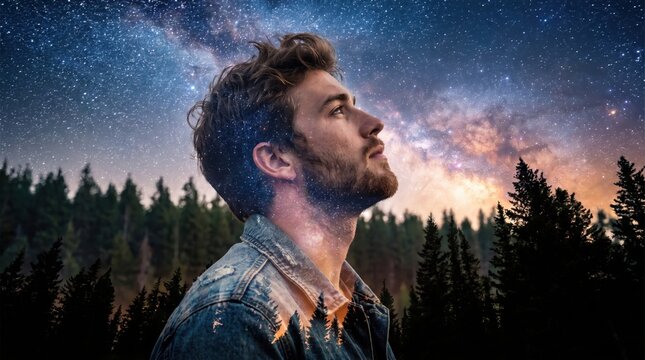 Double Exposure Profile Portrait of Young Man with Starry Night Sky and Forest. Concept of astronomy, galaxy concept, dreaming, mindfulness.
