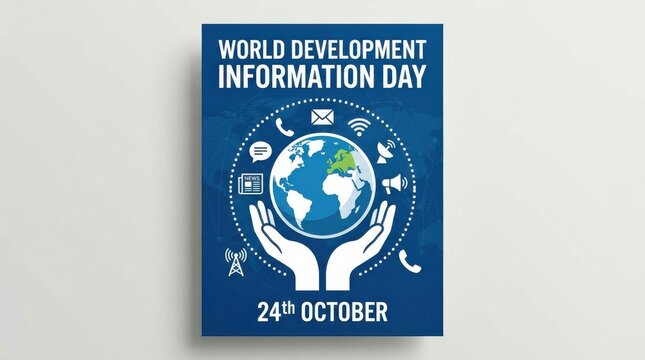 World development information day poster features a globe held by hands with communication icons global technology digital network connectivity earth