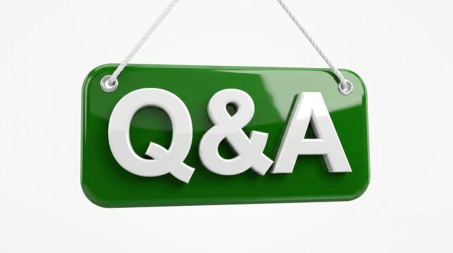 Green rectangular sign displaying the letters Q A in white hanging from two ropes questionandanswer signage questions answers inquiry communication