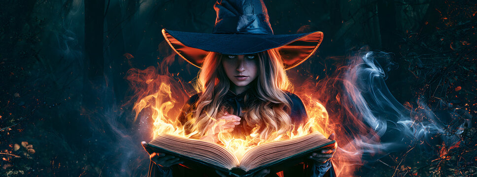 A young witch with a magical book and a haunting forest backdrop, dressed in a witches hat, conjures and manipulates dark magic. The design is for a festive Halloween party.