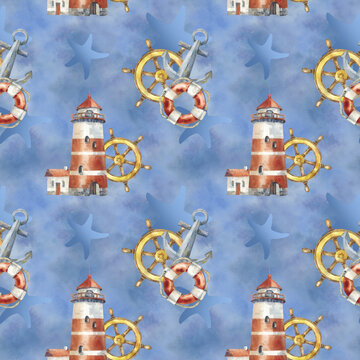 Lighthouse with marine navigation equipment. Illustration lifebuoy and anchor and steering wheel against a blue sea. Colorful hand-drawn watercolor seamless pattern for printing on on a marine theme.
