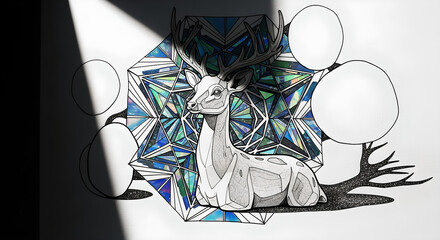 Mystical Deer with Antenna-like Antlers in a Geometric Fractal Pattern