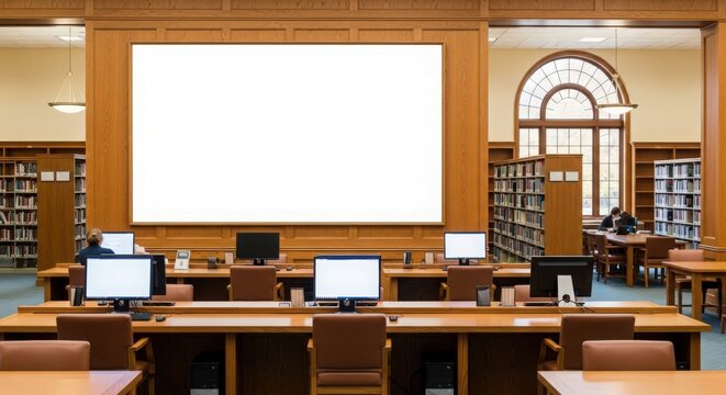 Spacious traditional library with rows of wooden desks, computers, and a large blank screen, surrounded by bookshelves and an arched window.