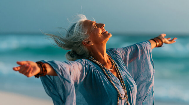  joyful senior woman with elegant silver-grey hair tied loosely, profile view, 