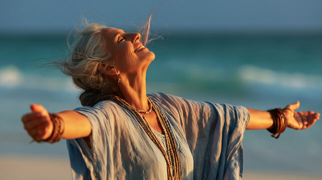  joyful senior woman with elegant silver-grey hair tied loosely, profile view, 