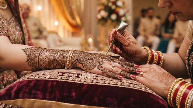 Traditional henna tattoo application on bride's hand, intricate mehndi design for Indian wedding, cultural bridal ceremony
