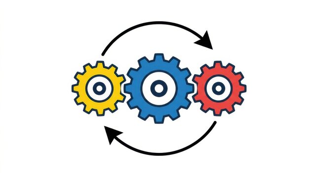 Three colorful gears with circular arrows represent a continuous process on a white background cogwheel mechanism engineering workflow rotation interlocking