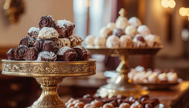 Close up of decorative chocolate cake with intricate designs.