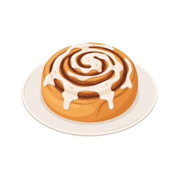 2d flat illustration style "food", isolated on white background. No texts. A freshly baked cinnamon roll with swirled dough and white icing, presented in a warm and inviting flat illustration.